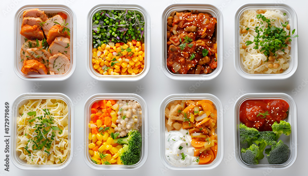 Different delicious meals in containers isolated on white, top view. Healthy diet Different delicious meals in containers isolated on white, top view. Healthy diet