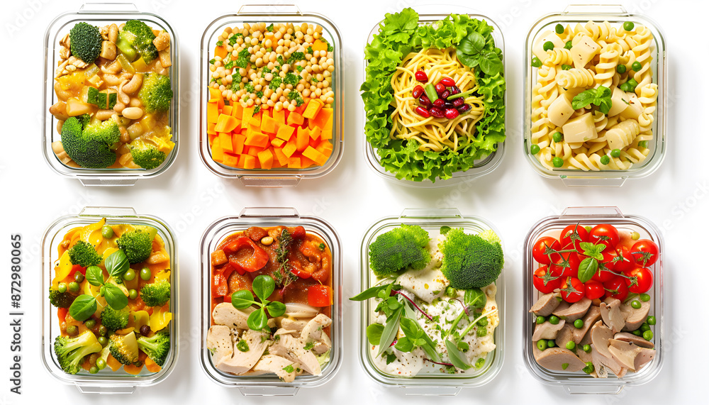 Different delicious meals in containers isolated on white, top view. Healthy diet Different delicious meals in containers isolated on white, top view. Healthy diet