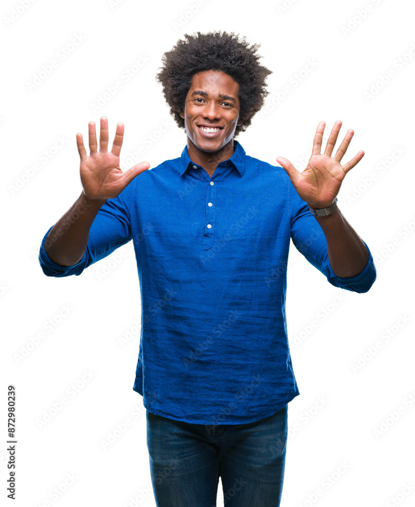 Afro american man over isolated background showing and pointing up with fingers number ten while smiling confident and happy. Afro american man over isolated background showing and pointing up with fingers number ten while smiling confident and happy.