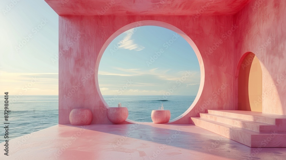 Fototapeta premium Pink Minimalist Architecture with Ocean View