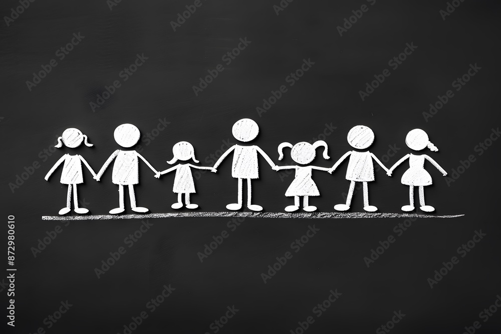 Chalk drawing of a diverse group of stick figure children holding hands on a blackboard. Chalk drawing of a diverse group of stick figure children holding hands on a blackboard.