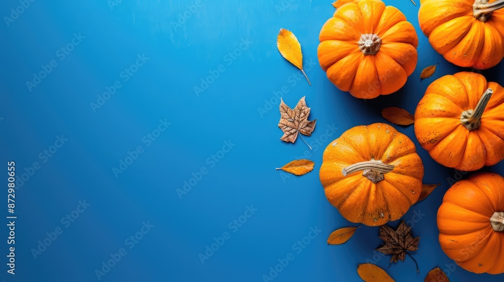 A Halloween holiday card with a picture of pumpkins on a blue background. A Halloween greeting poster in a minimalist style. A Halloween holiday card with a picture of pumpkins on a blue background. A Halloween greeting poster in a minimalist style.