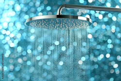 Closeup of a Shower Head With Water Flowing in Front of a Blue Bokeh Background photo