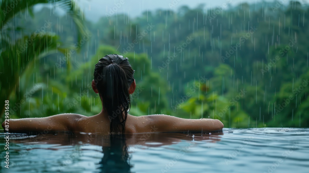 Fototapeta premium Happy woman enjoying the warm tropical rain falling on her while swimming in the infinity pool overlooking the forest.