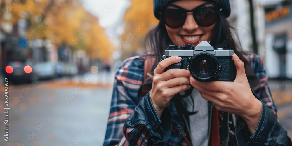 woman using camera in street . ai generated woman using camera in street . ai generated