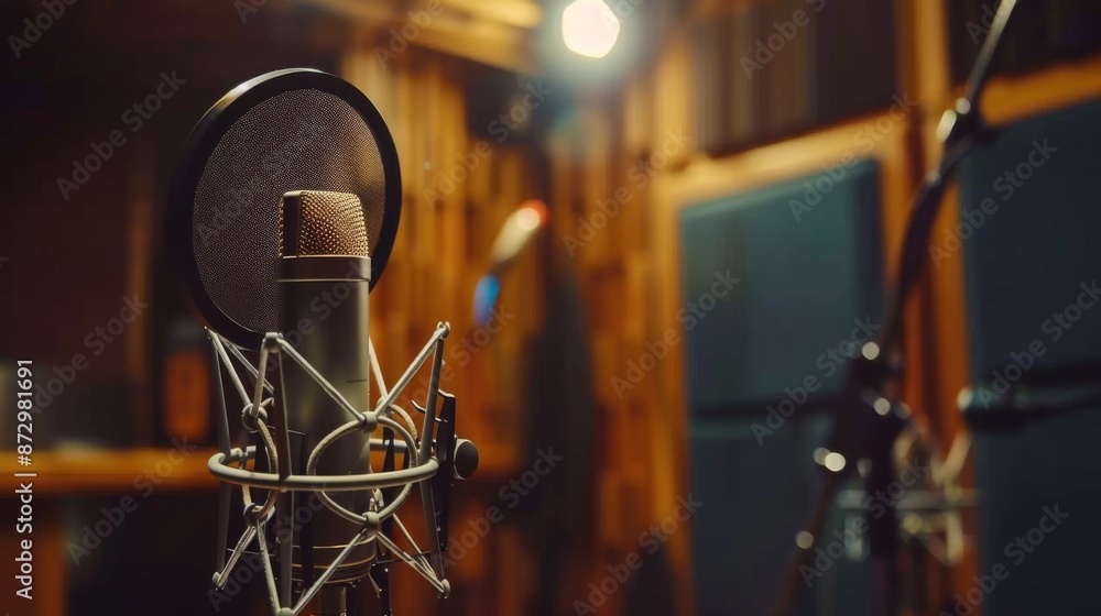 A studio condenser microphone set up for recording vocals in a soundproof booth