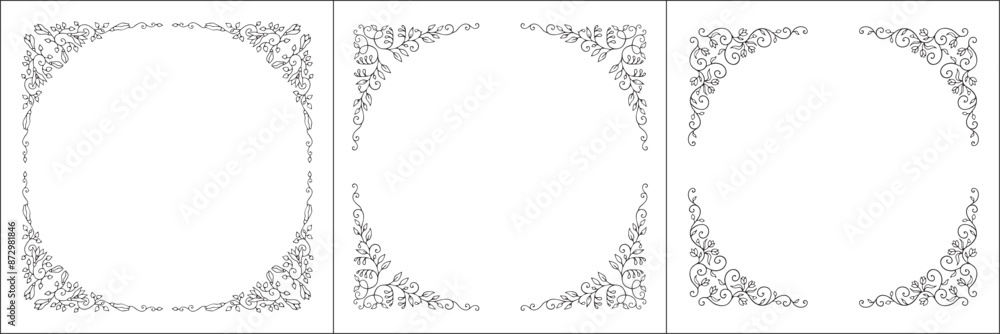 Set of three round vegetal vector frames with flowers and leaves. Black and white. Vector frame for all sizes and formats. Isolated vector illustration. Set of three round vegetal vector frames with flowers and leaves. Black and white. Vector frame for all sizes and formats. Isolated vector illustration.