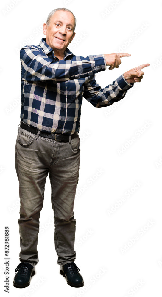 Naklejka premium Handsome senior man wearing casual shirt smiling and looking at the camera pointing with two hands and fingers to the side.