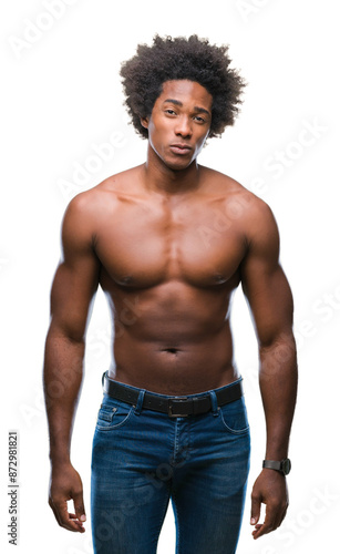 Afro american shirtless man showing nude body over isolated background skeptic and nervous, frowning upset because of problem. Negative person.