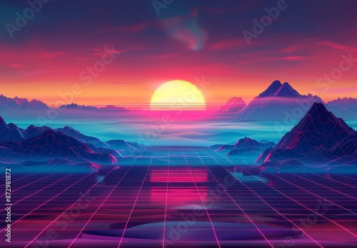 Purple and pink 80s sci-fi background, sunset behind black and gray mountains. Synthwave poster template.