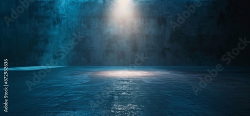 3D rendering of an empty cement warehouse with sci fi lights, led tunnels, underground parking, and a grungy concrete floor