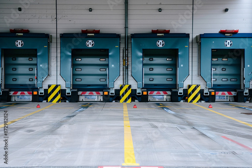 Four blue industrial loading docks at a warehouse with empty spaces for trucks, showing striped safety markings