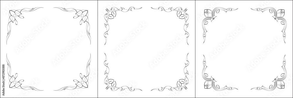 Set of three vector frames. Elegant black and white monochrome ornamental border for greeting cards, banners, invitations. Vector frame for all sizes and formats. Isolated vector illustration.
Set of three vector frames. Elegant black and white monochrome ornamental border for greeting cards, banners, invitations. Vector frame for all sizes and formats. Isolated vector illustration.