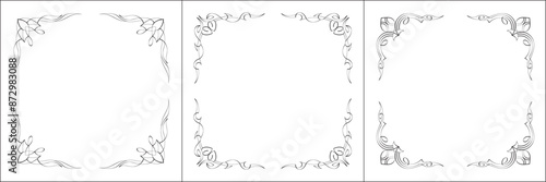 Set of three vector frames. Elegant black and white monochrome ornamental border for greeting cards, banners, invitations. Vector frame for all sizes and formats. Isolated vector illustration.	
