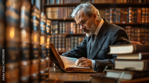 Senior Man Reading Book in Library During Daytime