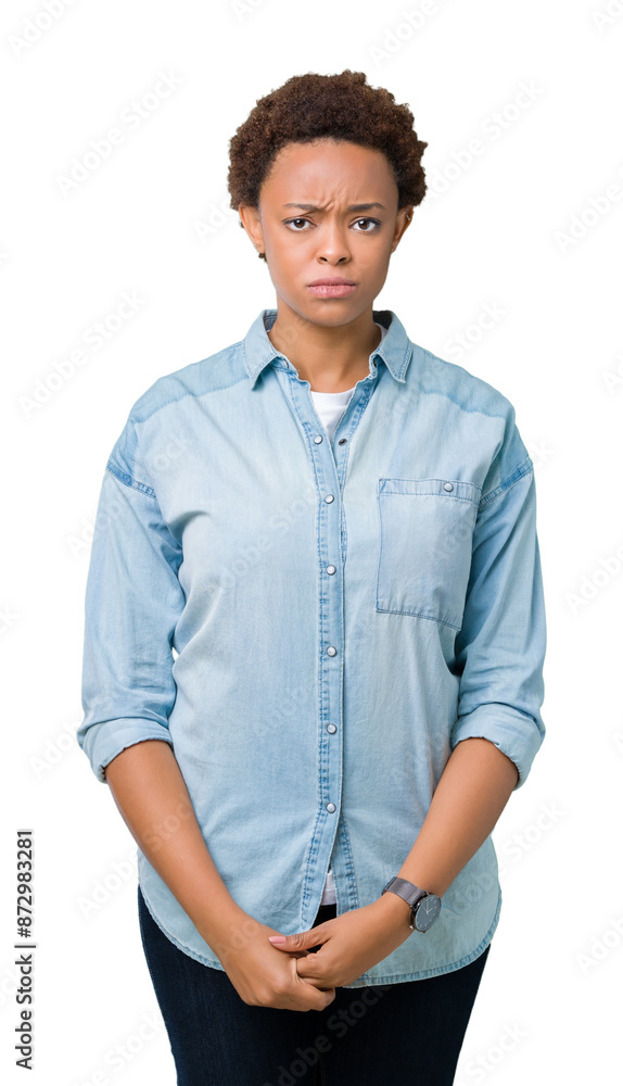 Young beautiful african american woman over isolated background skeptic and nervous, frowning upset because of problem. Negative person. Young beautiful african american woman over isolated background skeptic and nervous, frowning upset because of problem. Negative person.