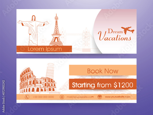 Dream Vacation Banner or Header Design with World's Famous Landmarks in Two Options.