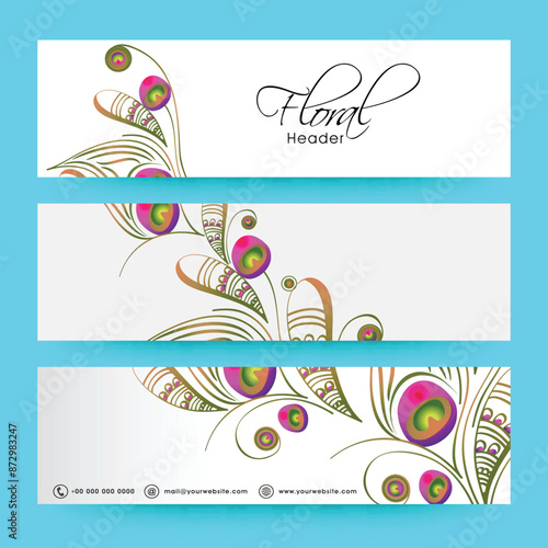 Social Media Banner or Header Set Decorated with Floral Paisley Ornaments and Copy Space.