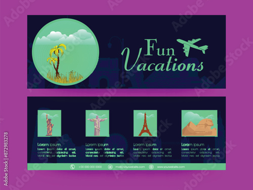 Fun Vacations Banner or Header Design with World's Famous Landmarks in Two Options.