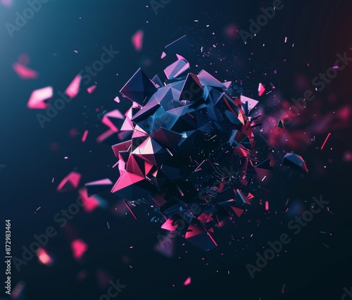 3D rendering of a low poly sphere with chaotic structure on a sci-fi background. Polygonal shape in empty space. photo