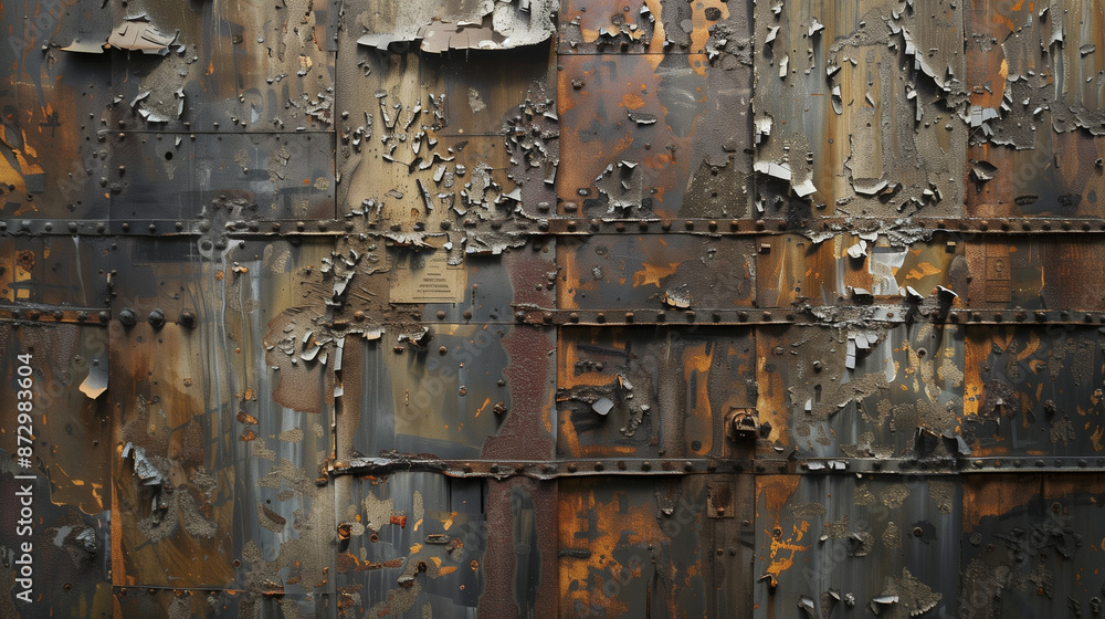 A rusty metal wall in an abandoned foundry, covered with rust stains and covered with moss, exudes a post-industrial character and a mysterious atmosphere. A rusty metal wall in an abandoned foundry, covered with rust stains and covered with moss, exudes a post-industrial character and a mysterious atmosphere.