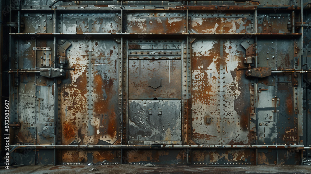 A rusty metal wall in an abandoned foundry, covered with rust stains and covered with moss, exudes a post-industrial character and a mysterious atmosphere. A rusty metal wall in an abandoned foundry, covered with rust stains and covered with moss, exudes a post-industrial character and a mysterious atmosphere.