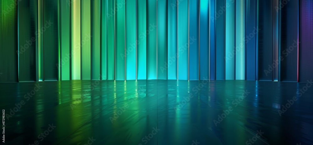 Neon Cyber Blue Green Laser Lights Behind Glass Panels in Grunge Concrete Underground Tunnel Corridor Studio Hangar 3D Rendering Neon Cyber Blue Green Laser Lights Behind Glass Panels in Grunge Concrete Underground Tunnel Corridor Studio Hangar 3D Rendering