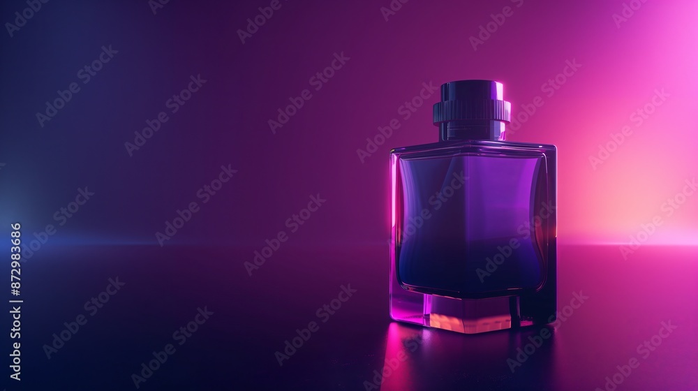 A perfume on a dark violet background with bright glow behind. A perfume on a dark violet background with bright glow behind.