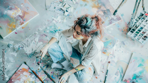 Female artist creating on the floor, surrounded by paint brushes and canvases, with soft pastel colors in her hair