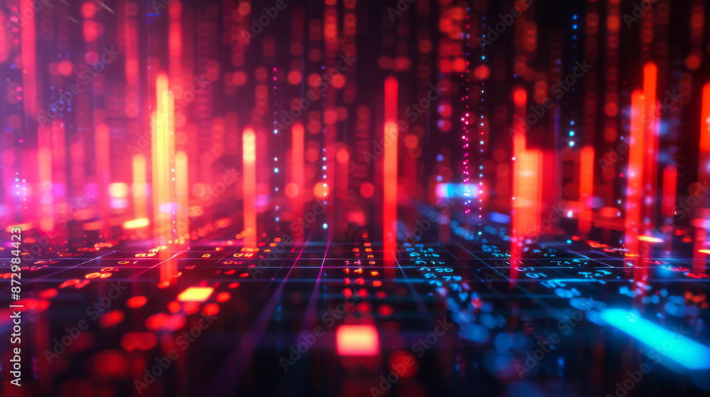 Obraz premium Digital Featuring an Illuminated Bar Graph With Data Points and Trading Charts Background