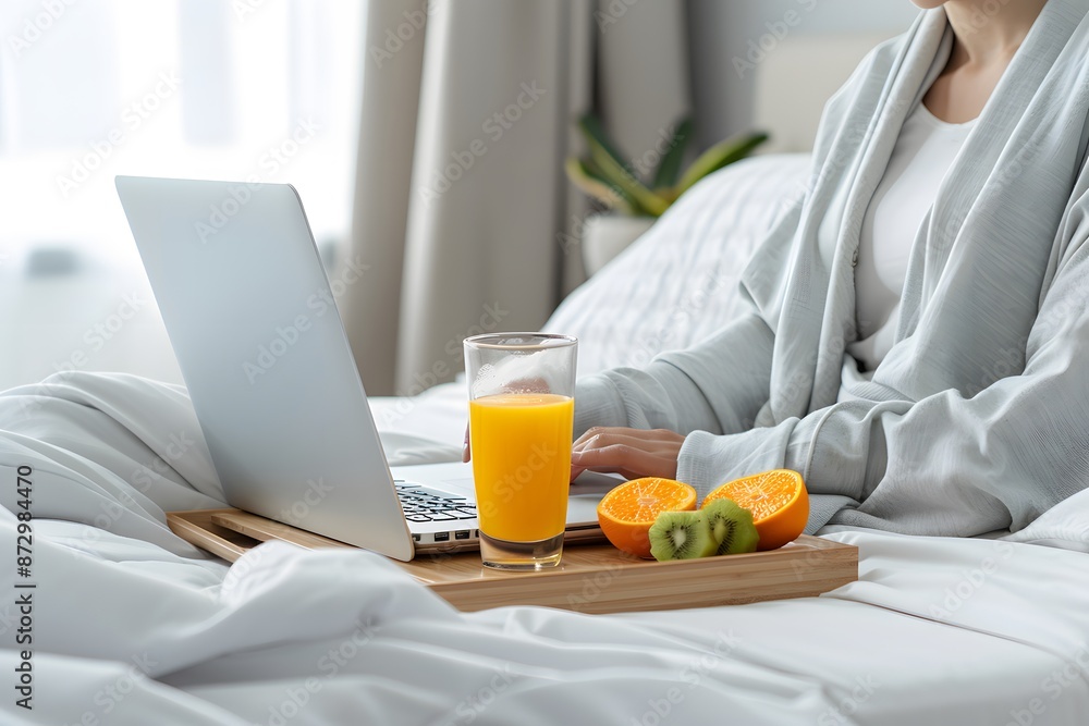 Person working on a laptop in a cozy bed with a healthy breakfast tray and a glass of orange juice. Person working on a laptop in a cozy bed with a healthy breakfast tray and a glass of orange juice.