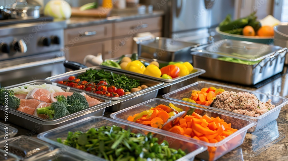 Obraz premium Preparing diabetes-friendly meals in order of eating. They displayed pre-meal boxes containing vegetables, protein and fat.