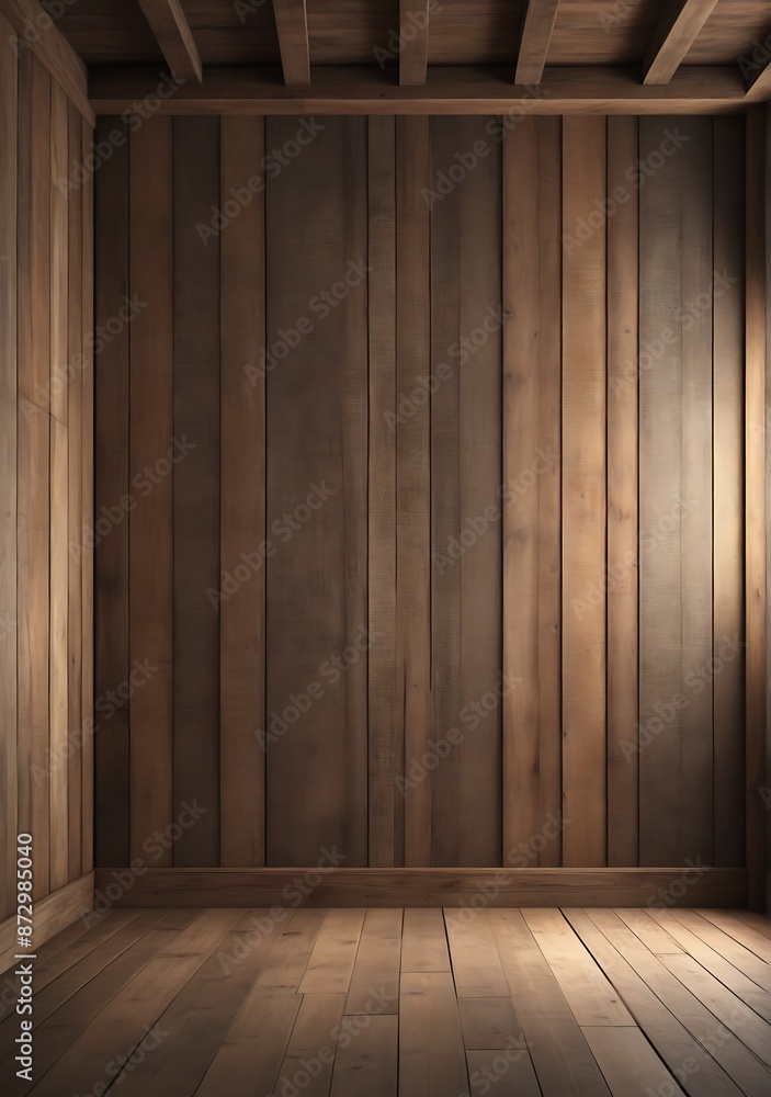 Naklejka premium Minimalist Empty Studio Room With Blurred shadow Gentle Lights On Wooden Wall 