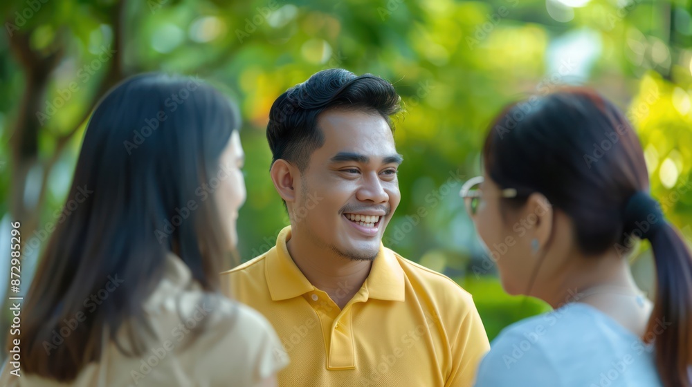 Excited and happy Indonesian male bank representative Explain their services to both customers. With the background of going to the park Excited and happy Indonesian male bank representative Explain their services to both customers. With the background of going to the park