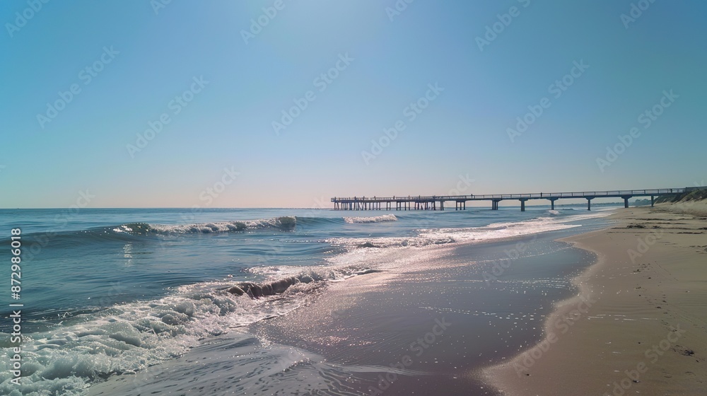 Serene Beach Day: Tranquil Scene of Long Pier Extending into Clear Ocean Waters Serene Beach Day: Tranquil Scene of Long Pier Extending into Clear Ocean Waters