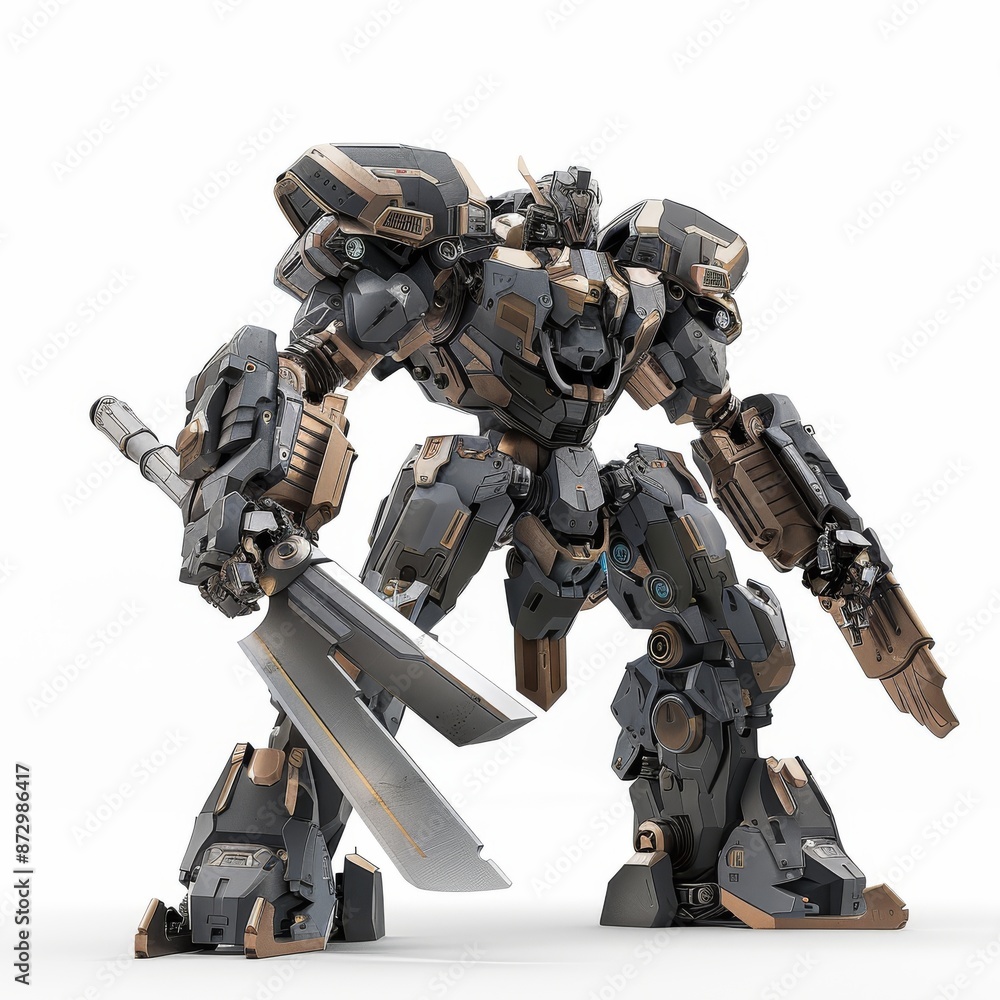 This is a robotic warrior with a large lance in one hand. A science fiction mech in a jumping pose. There is orange paint on a white background. A futuristic robot with white and gray color metal. A This is a robotic warrior with a large lance in one hand. A science fiction mech in a jumping pose. There is orange paint on a white background. A futuristic robot with white and gray color metal. A