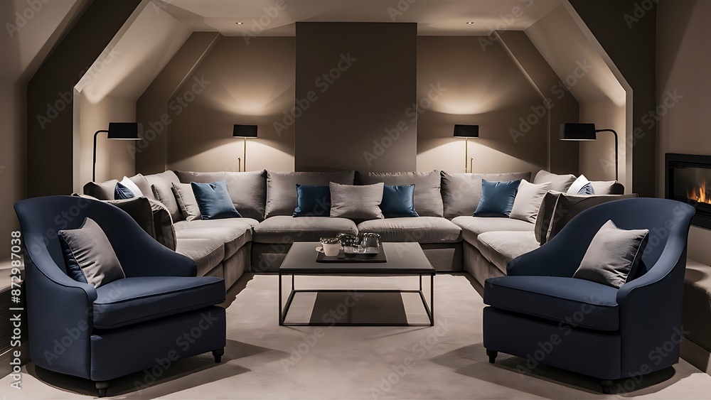 Fototapeta premium Grey and navy blue living room interior with comfortable sofa and armchairs