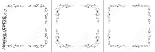 Set of three vegetal vector frames with butterflies and leaves. Black and white. Vector frame for all sizes and formats. Isolated vector illustration.	