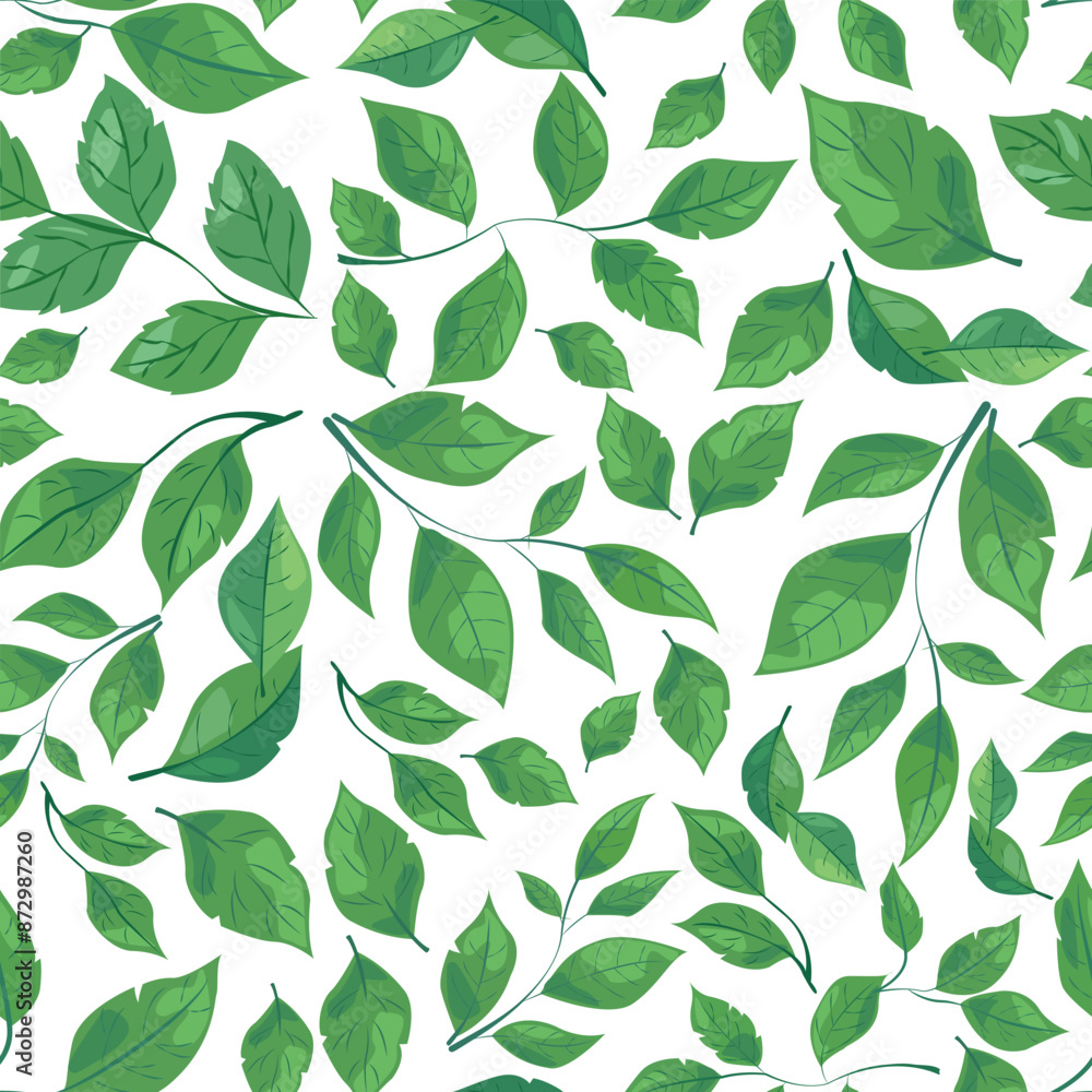 seamless pattern features various shades and shapes of green leaves against a white background. Perfect for nature-themed designs, eco-friendly packaging, and botanical illustrations seamless pattern features various shades and shapes of green leaves against a white background. Perfect for nature-themed designs, eco-friendly packaging, and botanical illustrations
