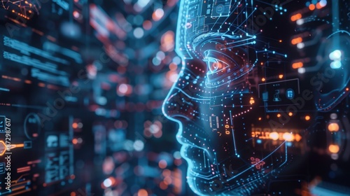 A futuristic scene featuring artificial intelligence and machine learning, with a digital human head composed of circuits and data patterns in a high-tech environment.