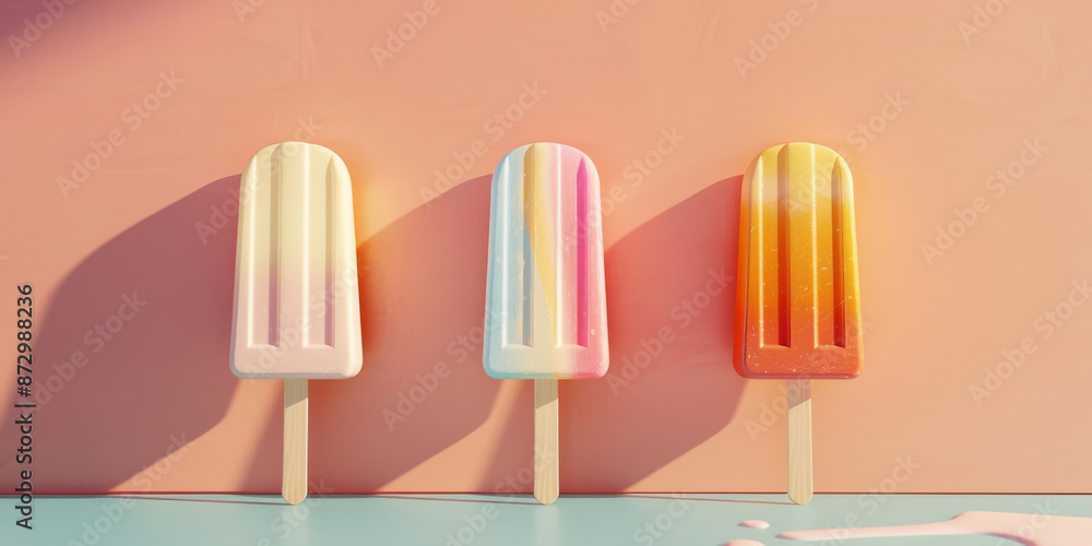 Fototapeta premium A sleek 3D photo of an ice cream popsicle featuring artistic shapes, presented in multiple side views with a minimal aesthetic.