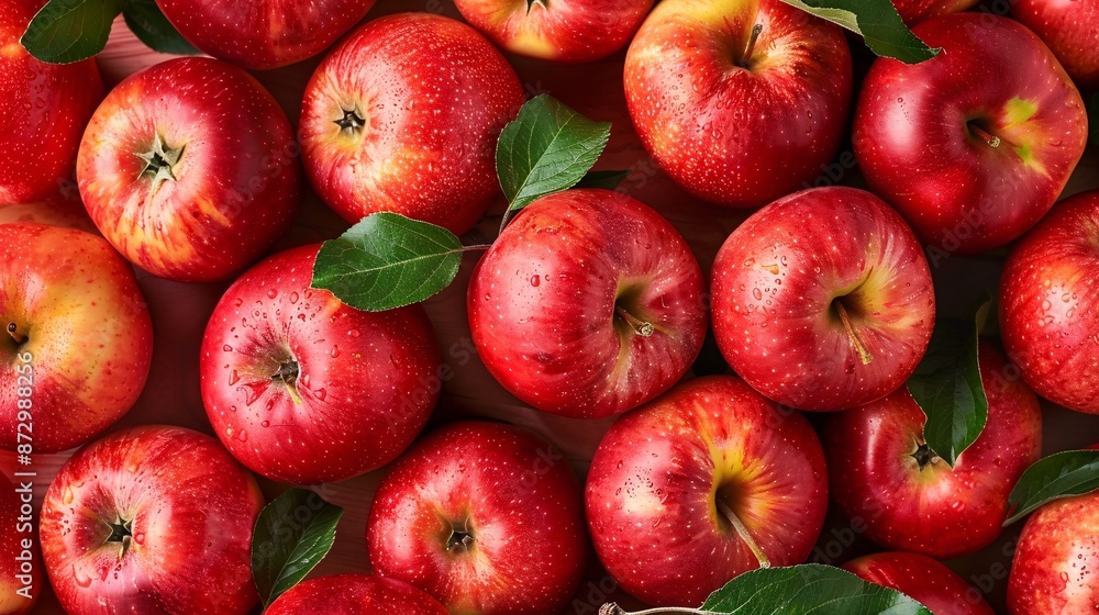 Background of red apples with green leaves. Top view, flat lay. Background of red apples with green leaves. Top view, flat lay.