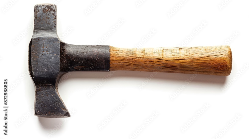 Isolated black nail hammer with wooden handle and shadow on white background Close up top view space for text