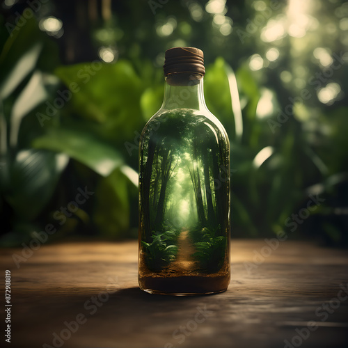 a magical glass bottle with a forest inside