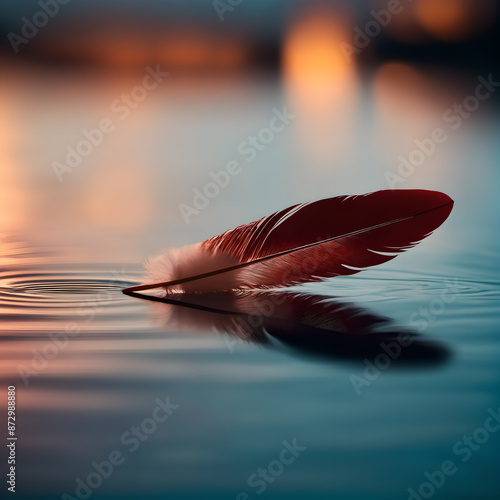 a feather in the water under an evening sky