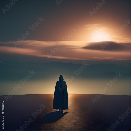 silhouette of a person with a cloak at sunset