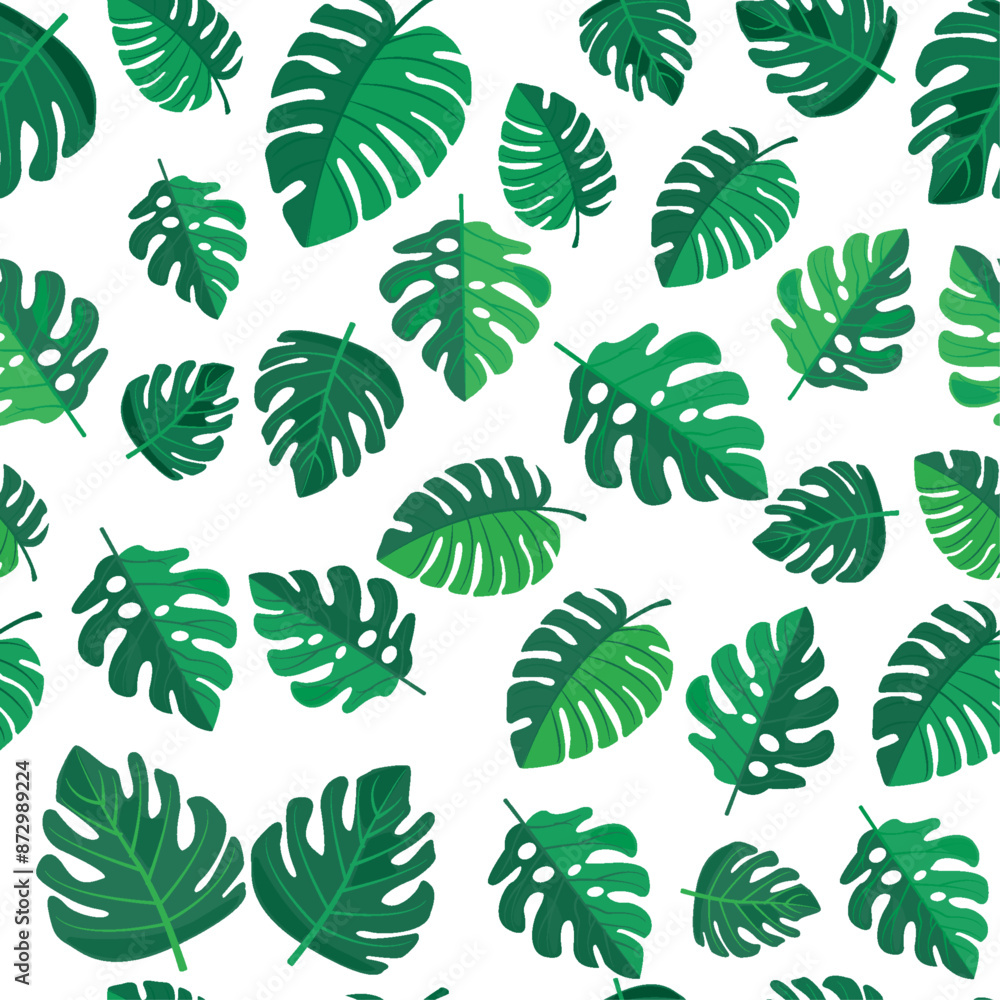 seamless pattern of vibrant green leaves on a white background. Various leaf shapes and sizes create a fresh, natural, and tropical appearance, perfect for eco-friendly or botanical projects seamless pattern of vibrant green leaves on a white background. Various leaf shapes and sizes create a fresh, natural, and tropical appearance, perfect for eco-friendly or botanical projects