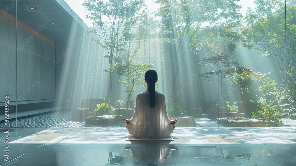 Woman Meditating in Front of Large Window With Sunbeams Streaming Through Trees Woman Meditating in Front of Large Window With Sunbeams Streaming Through Trees