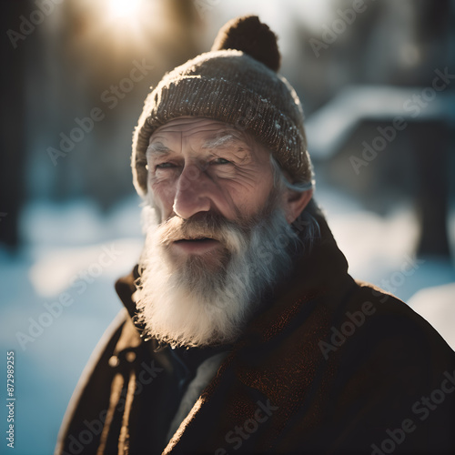a handsome senior man in a winter coat standing in the snow