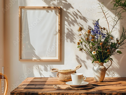Fototapeta Naklejka Na Ścianę i Meble -  Detailed 3D rendering of a modern bedroom interior featuring a cozy gray bedding set with fluffy pillows, surrounded by empty picture frames of various sizes hanging on a neutral-toned wall